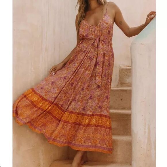 SPELL Village Strappy Boho Madi Dress in Sunrise - Picture 2 of 11